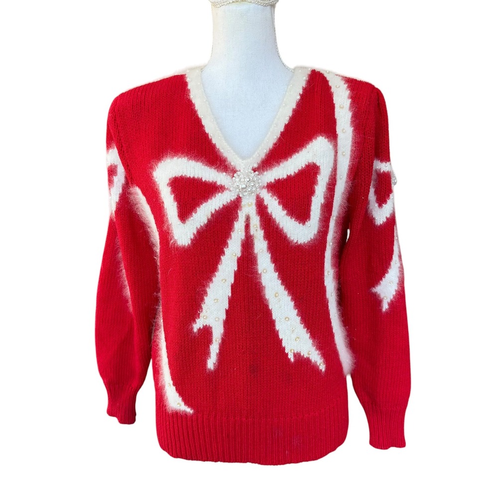 Vintage‎ Christine Red Bow Sweater Angora Pearl Embellished Holiday Christmas M